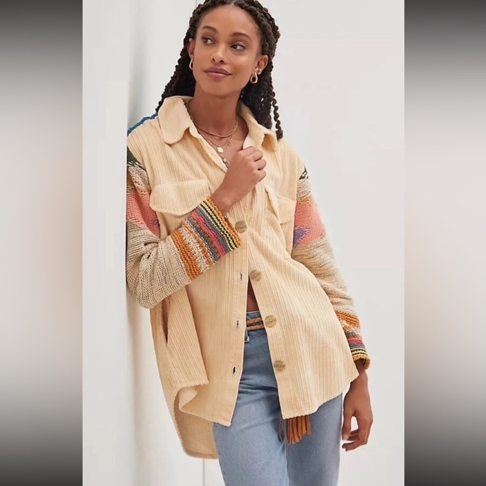 Pilcro Butter yellow easygoing Button down corduroy Shirt knit sleeves back XS
